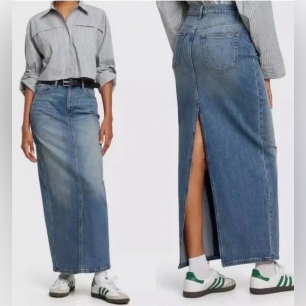 Kensie Retro Luxe Stretch The High Rise Maxi Skirt in Medium Blue